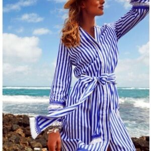 J. Crew Red & White Striped Midi Dress with Tie Waist